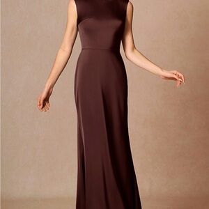 Azazie Mocha Coco Sleeveless Satin Maxi Dress